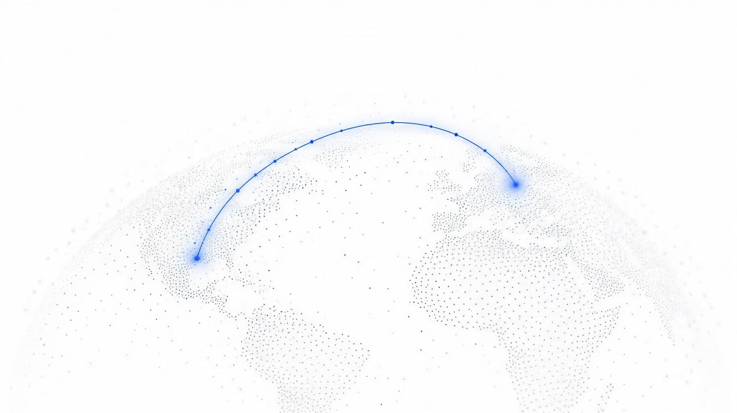 A single cobalt arc connecting two points over a globe made of fine dots