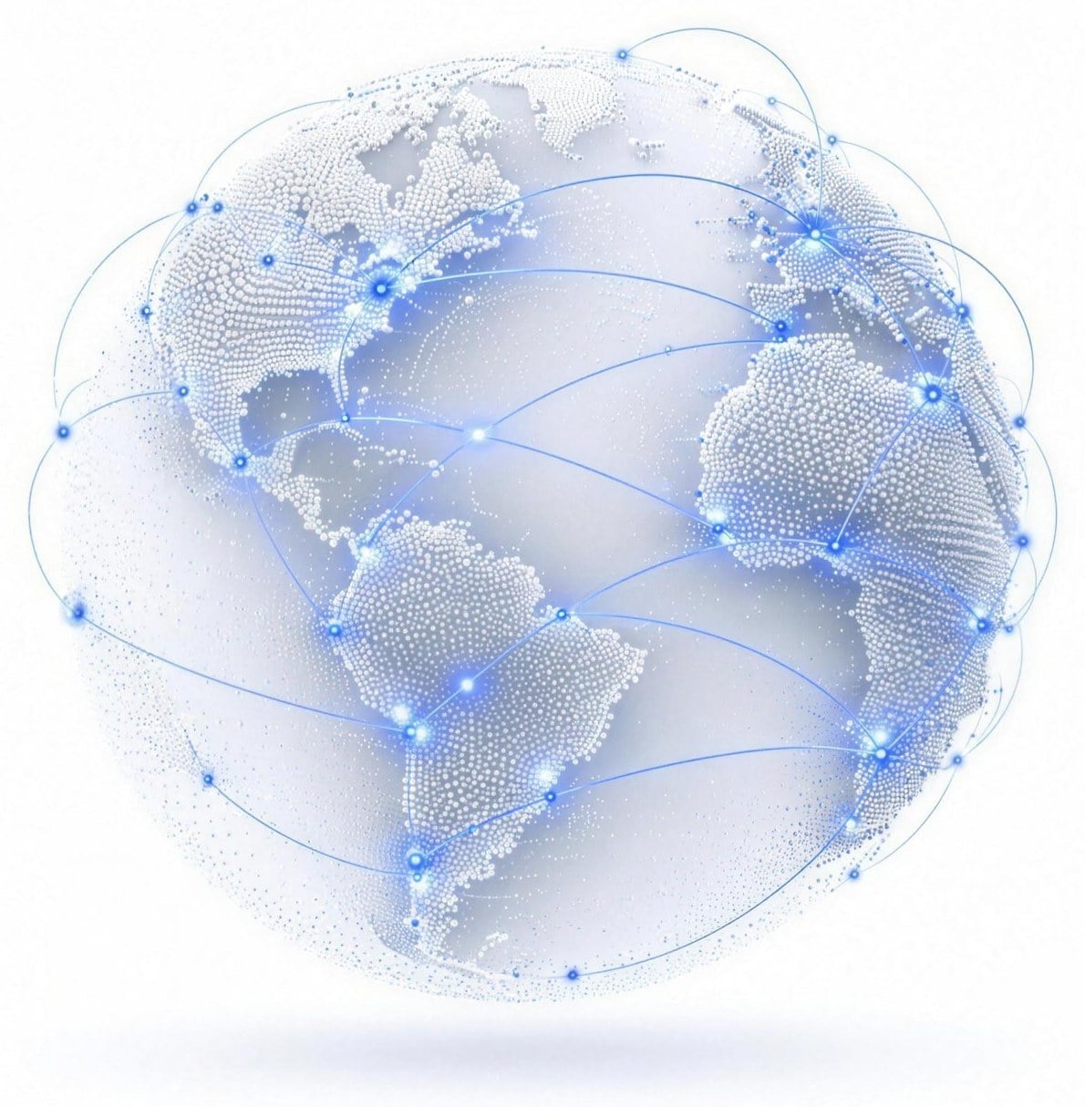 A globe made of fine dots with cobalt points and arcs connecting them