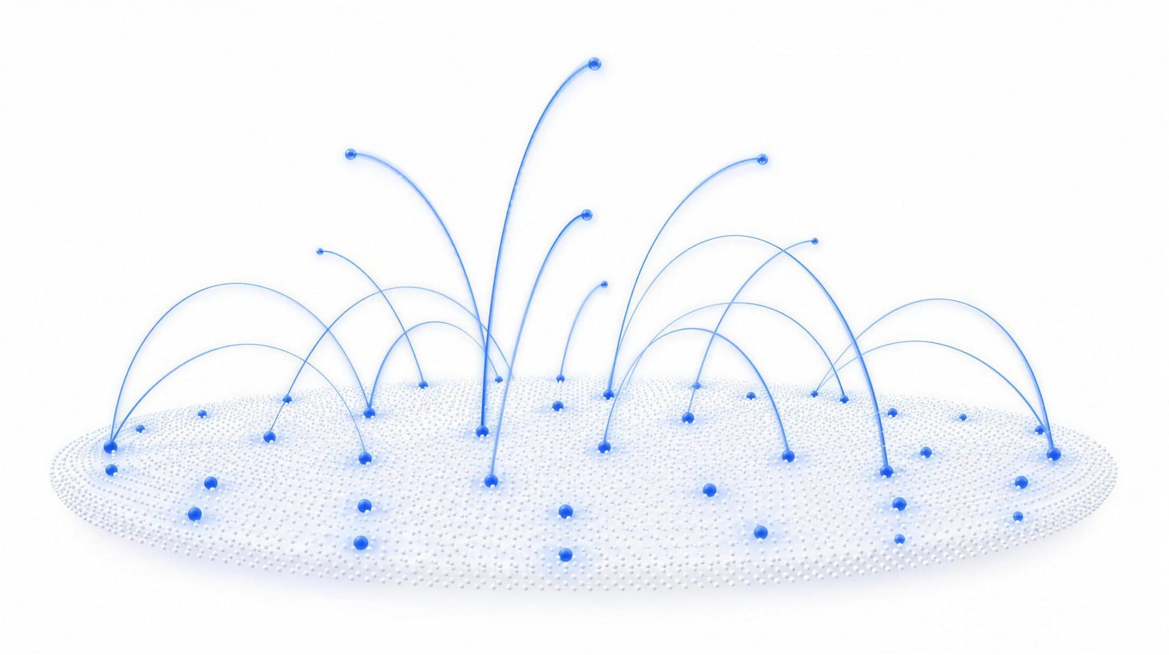 A level platform made of fine dots with cobalt arcs rising from it